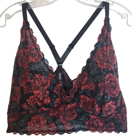 Lightly Lined Lace XO Front Bralette Tattoo Roses Floral Rich Black, NWT, 3X - Picture 1 of 6
